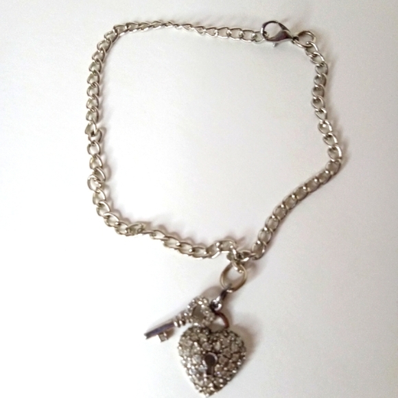 Heart Lock With Heart Key Charm Bracelet Silver Tone Pave Crystals 7" Adjustable - Picture 3 of 4
